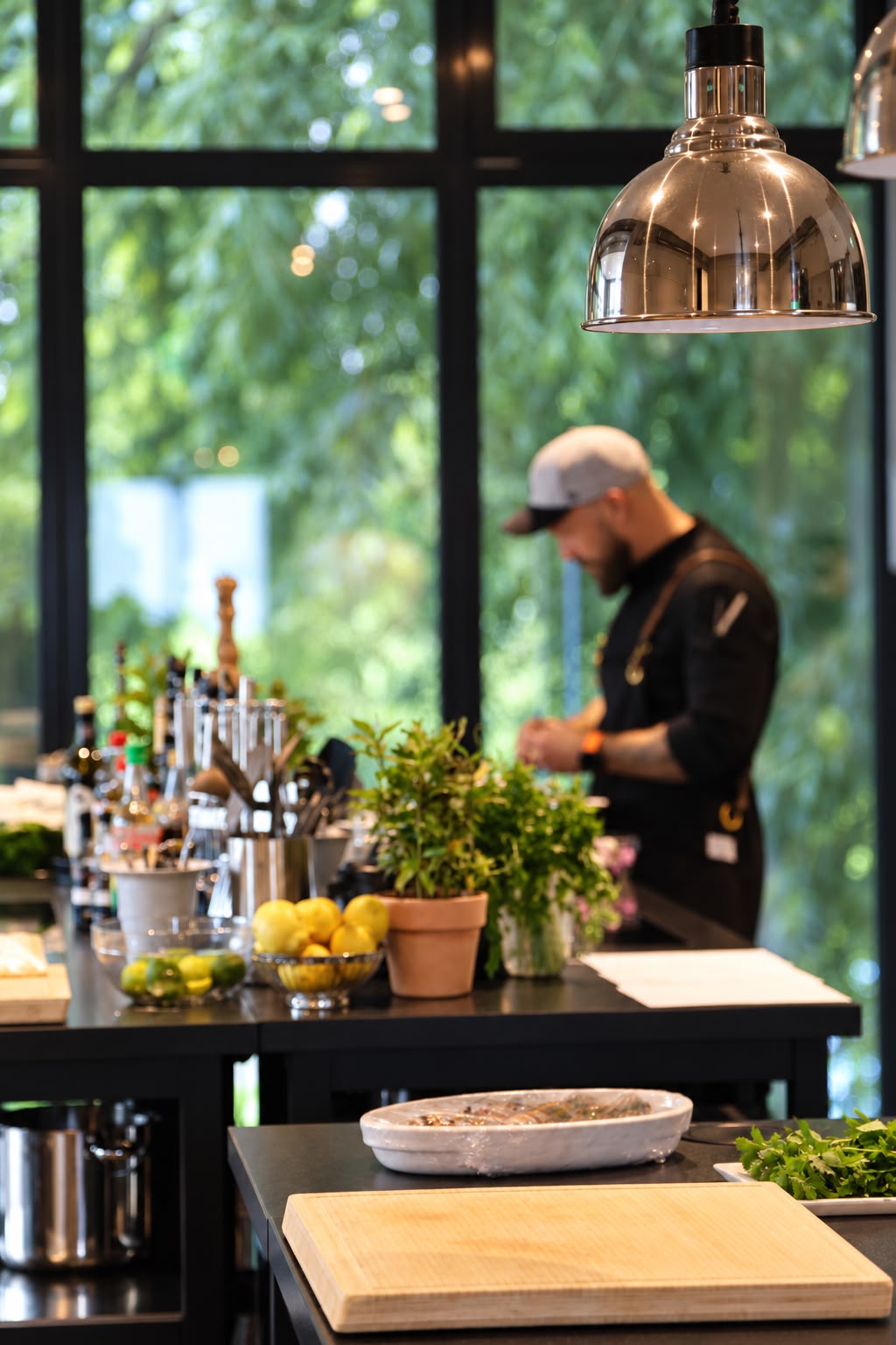 Chef at the teaching kitchen with ingredients at Kochwerk Berlin