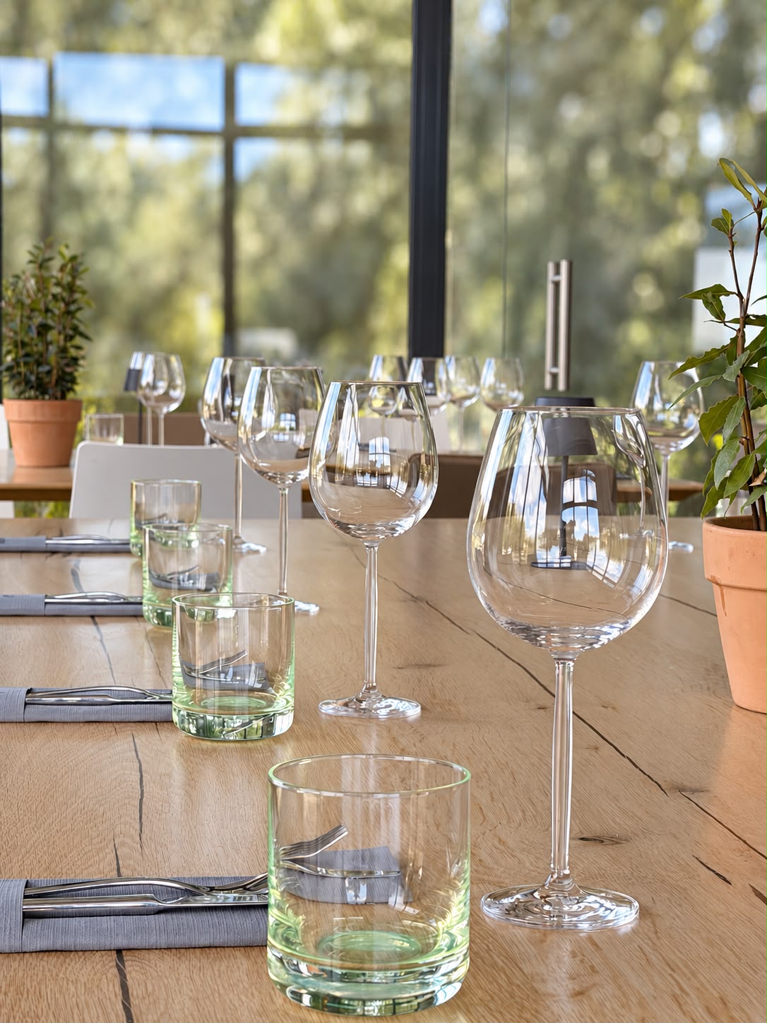 Wine glasses on the festively laid wooden table of the event venue